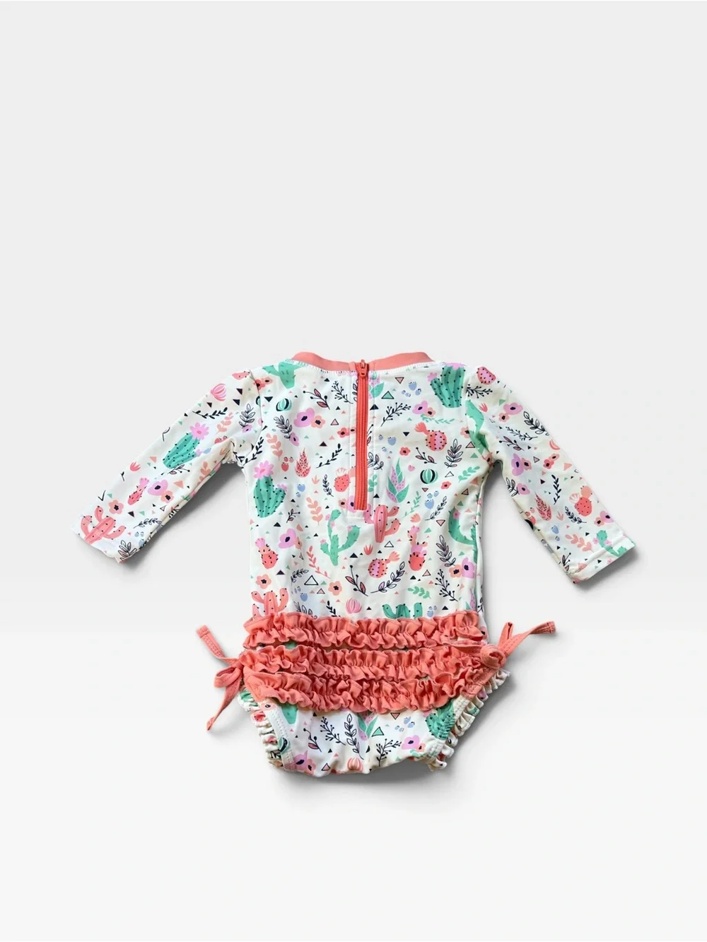 Ruffle Butts White Cactus Print Long-Sleeve One-Piece with Coral Trim